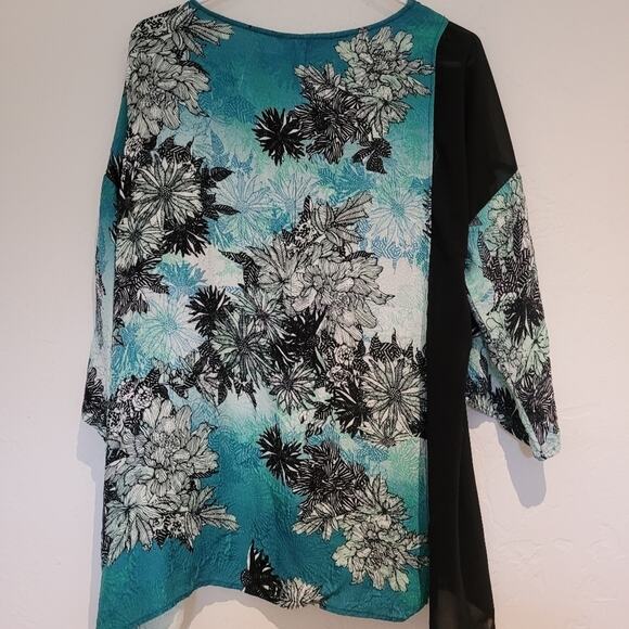 Citron Aqua Floral Pullover Silk Top with Sheer Black Asymmetric Panel, Sz Med - Picture 2 of 8